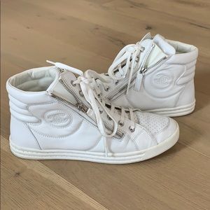 Chanel white leather high tops